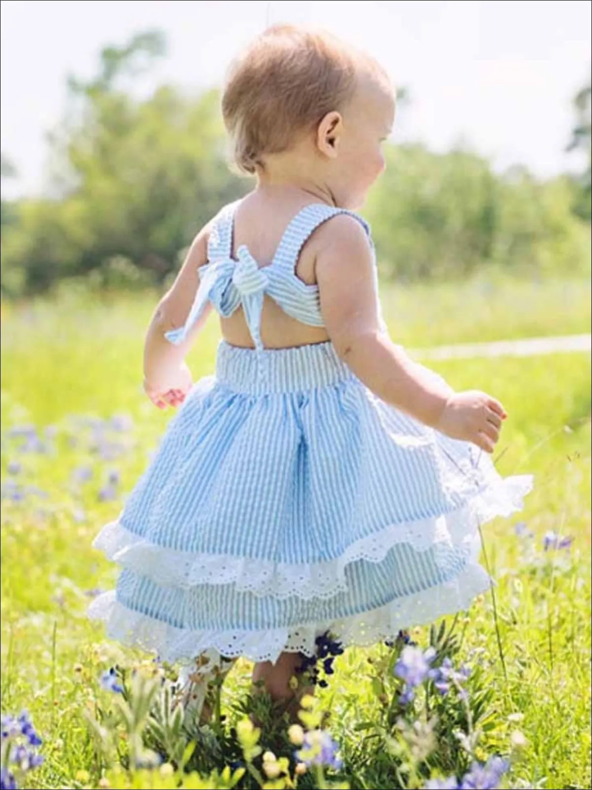Pinstripe Princess Tiered Lace Ruffle Dress