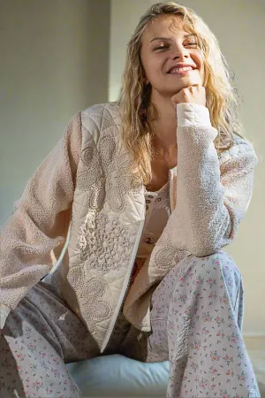 POL Teddy Fleece Lace Quilted Patchwork Retro Floral Boho Cardigan Zipper Jacket