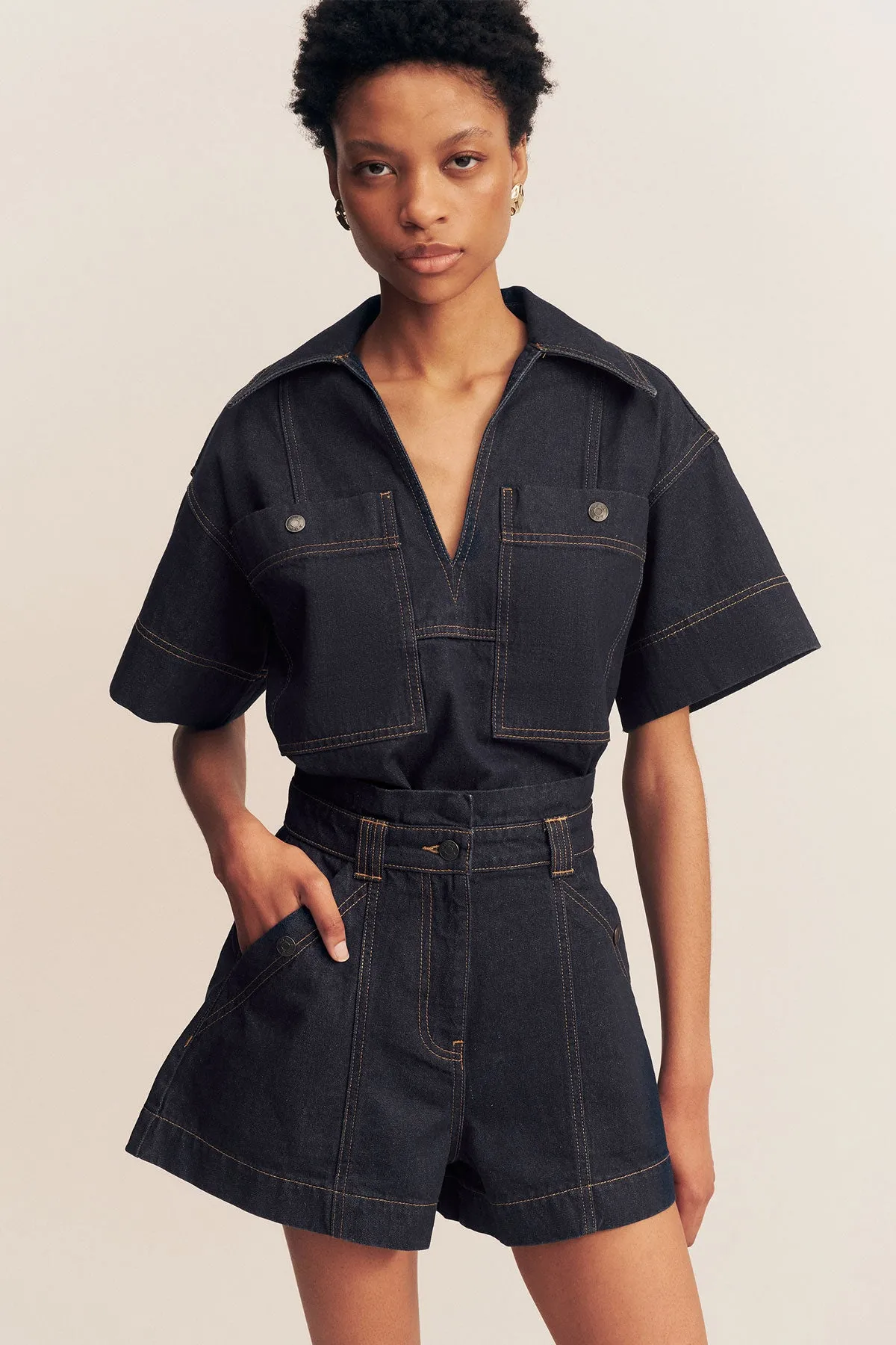 RITA HIGH WAISTED FLARED SHORT - DEEP INDIGO