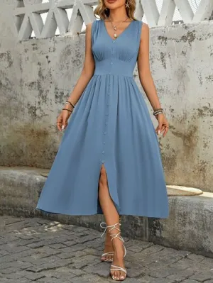 Ruched Decor Button Slit Sleeveless Midi Dress