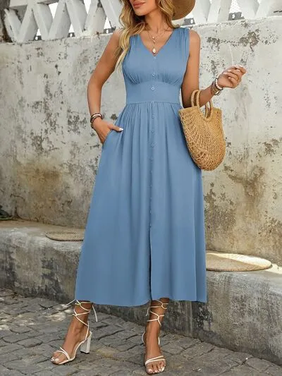Ruched Decor Button Slit Sleeveless Midi Dress