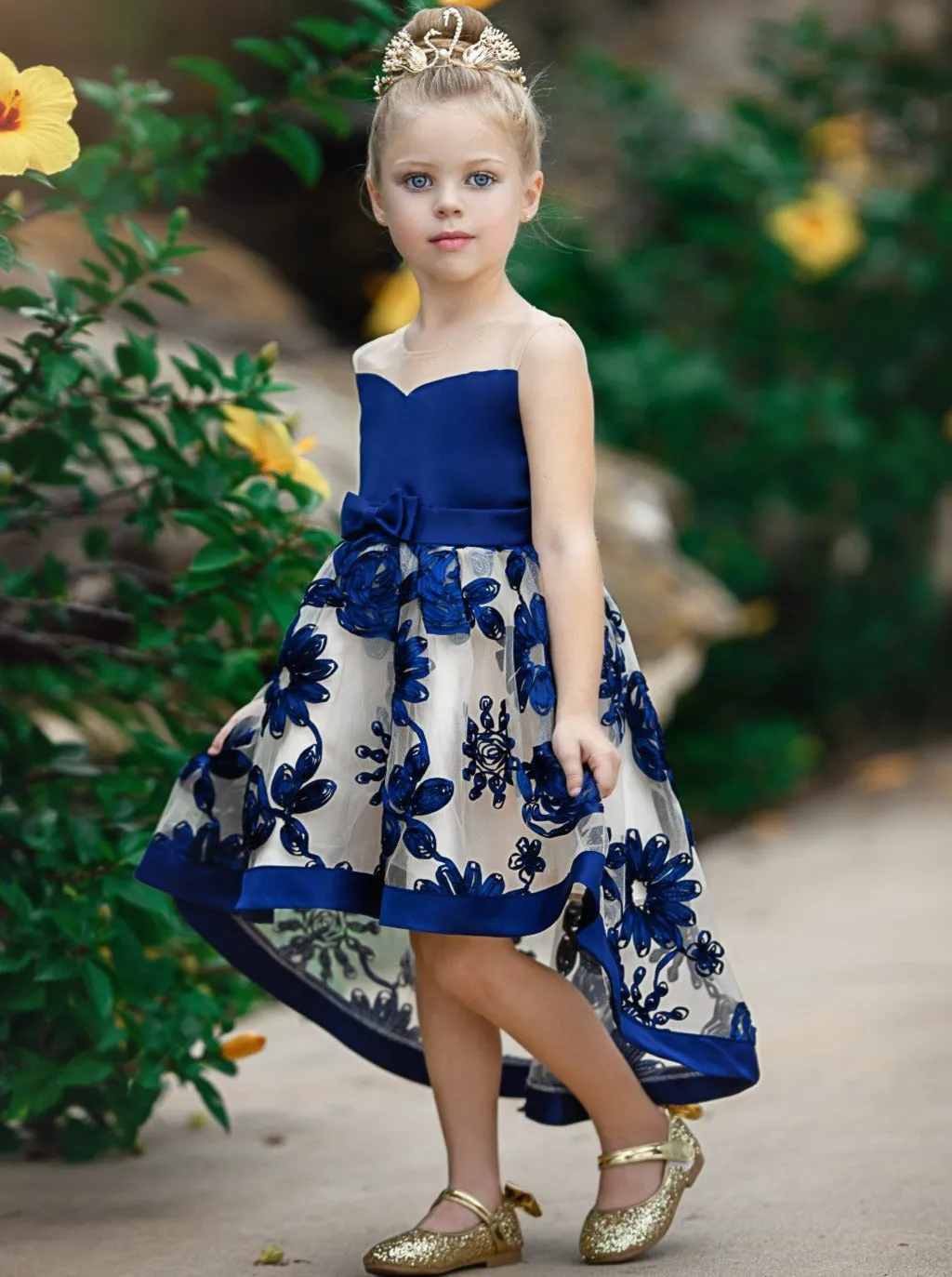 Sheer Collar Blue Embroidered Hi-Lo Dress