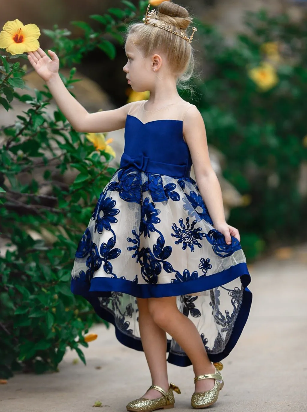 Sheer Collar Blue Embroidered Hi-Lo Dress