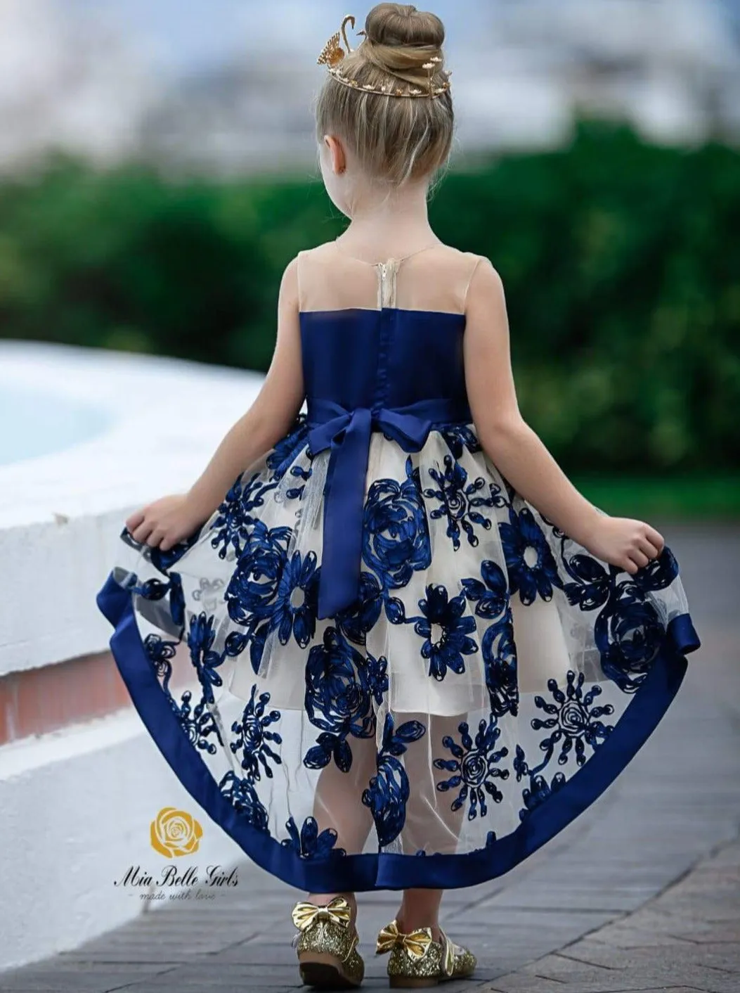 Sheer Collar Blue Embroidered Hi-Lo Dress