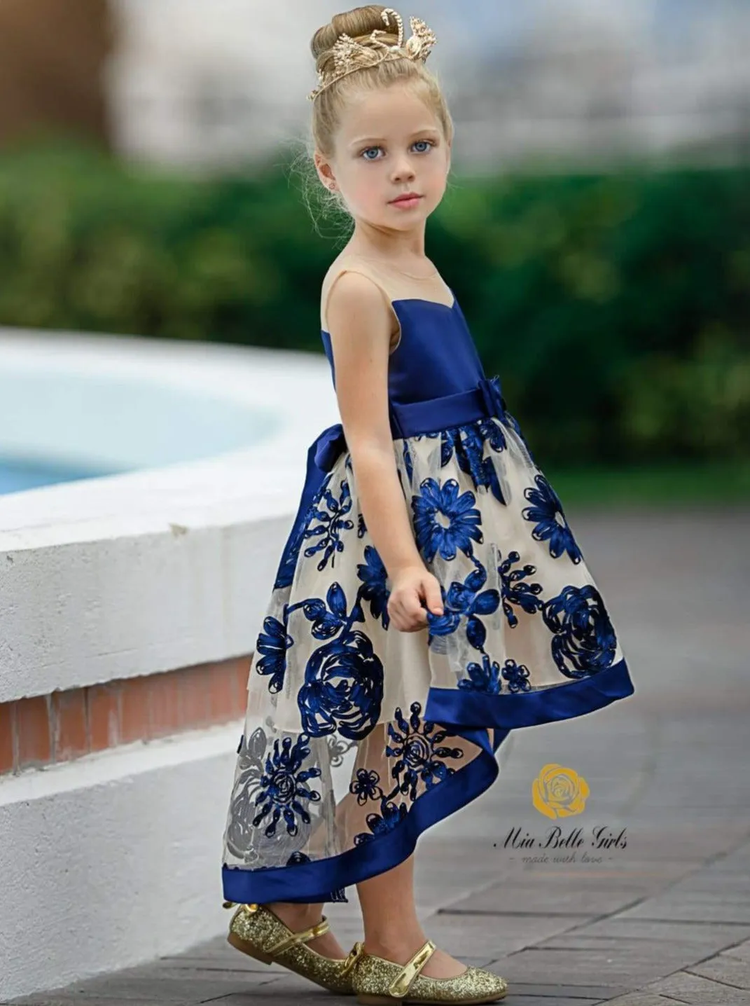 Sheer Collar Blue Embroidered Hi-Lo Dress