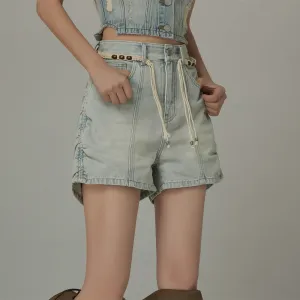 Side Shirred High Waisted Denim Shorts