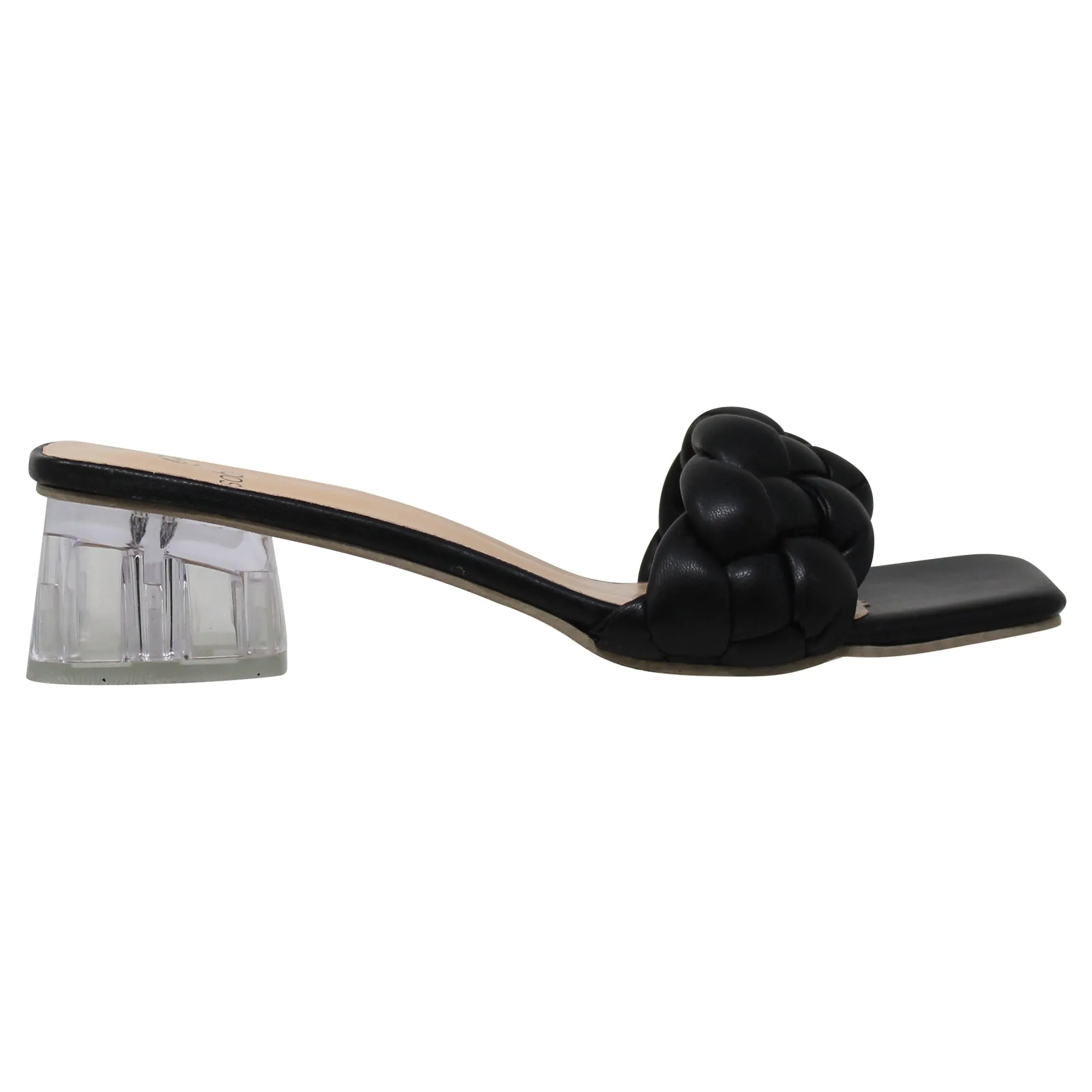 SOBEO Strappy Sandals Braided One Band Low Clear Heels Black