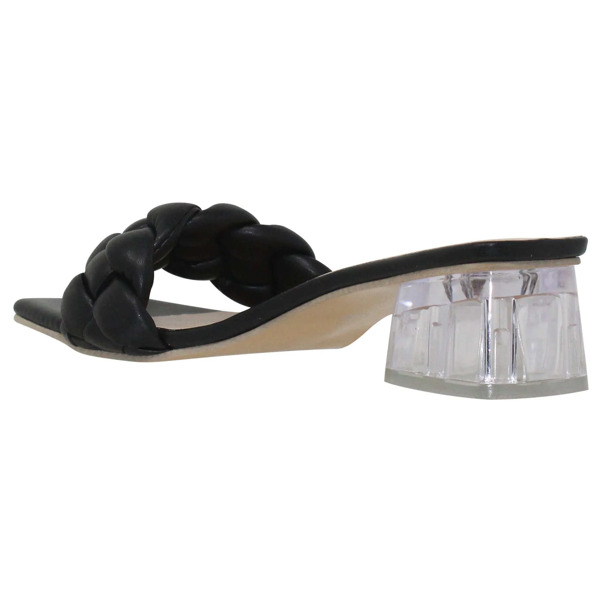 SOBEO Strappy Sandals Braided One Band Low Clear Heels Black
