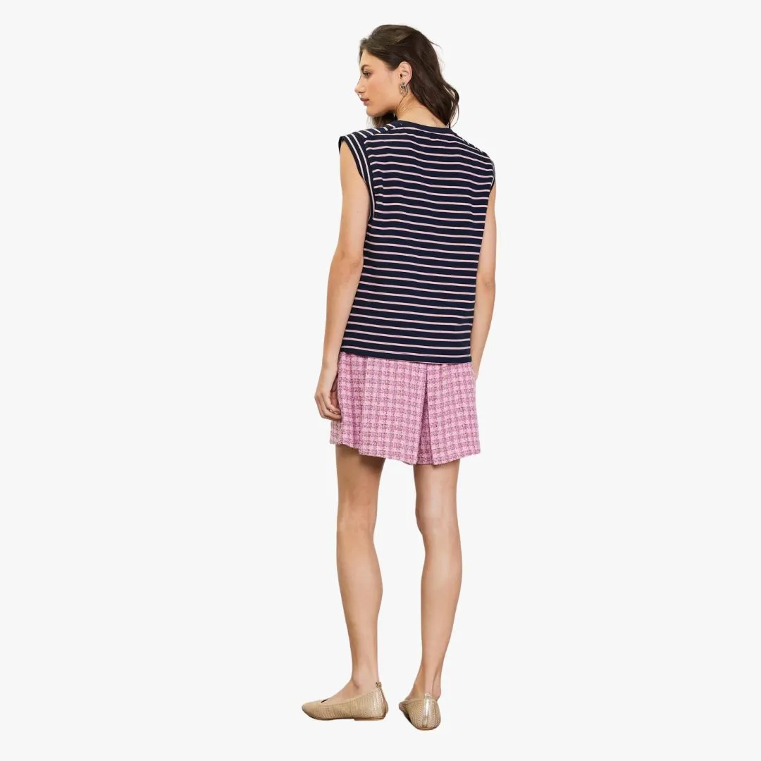 Striped Sleeveless Rib Top (Navy   Pink)