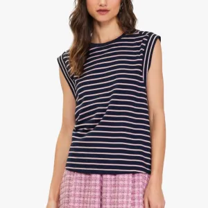 Striped Sleeveless Rib Top (Navy   Pink)