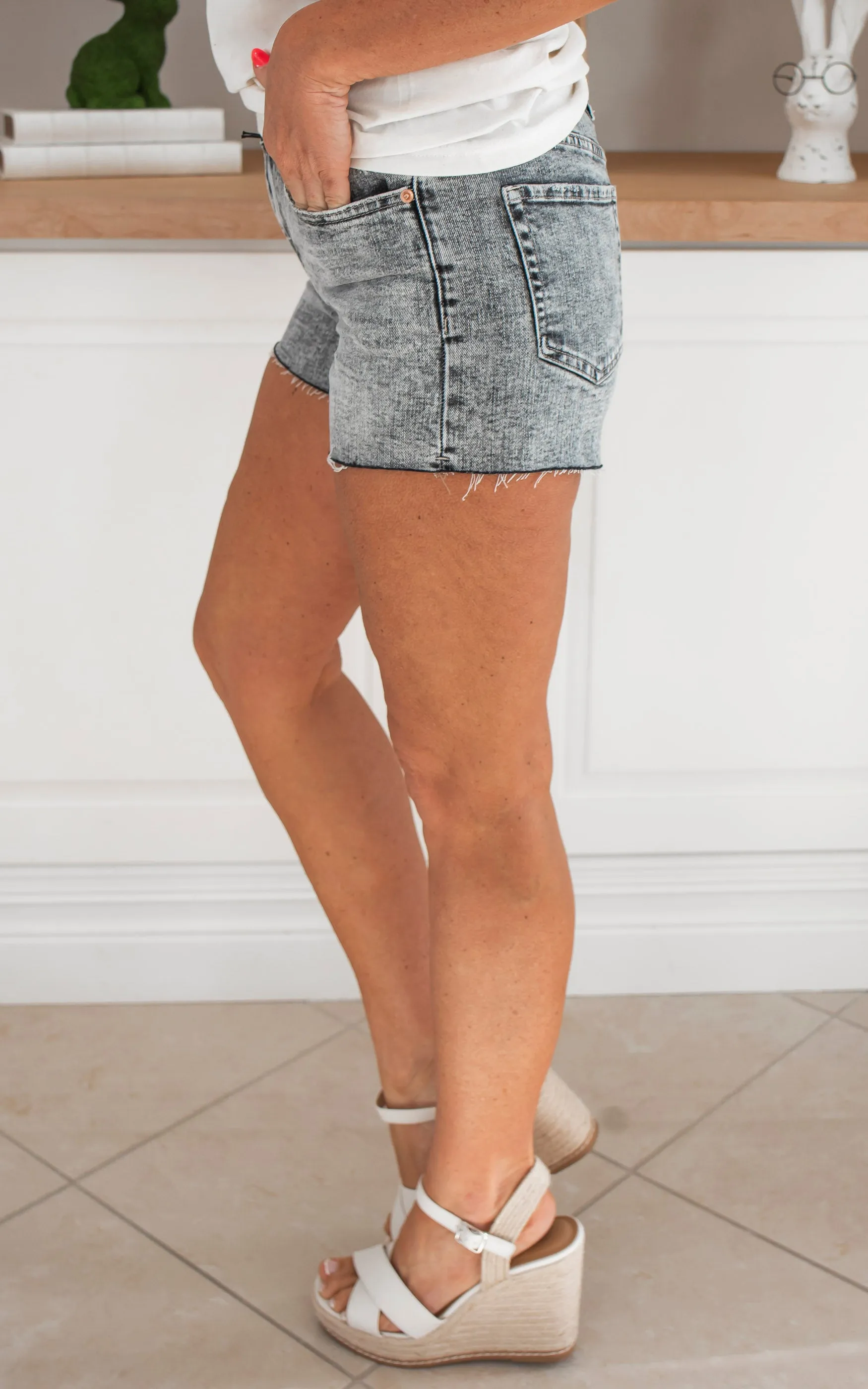 The Nikki High Rise Distressed Denim Shorts | Mica - Final Sale