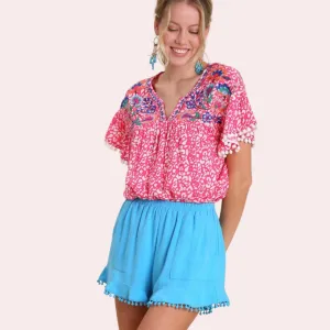 Turquoise high waisted shorts w/pom pom fringe trim & pockets