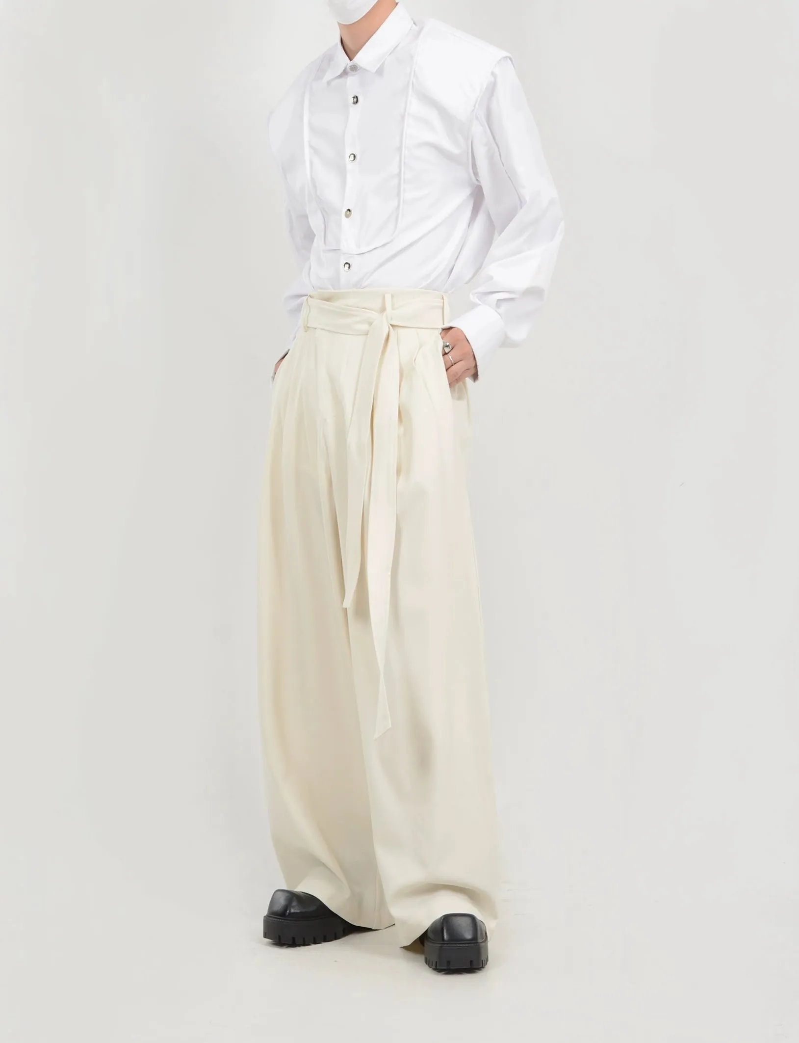 Wide Leg Belted Trousers with Pleat Detail