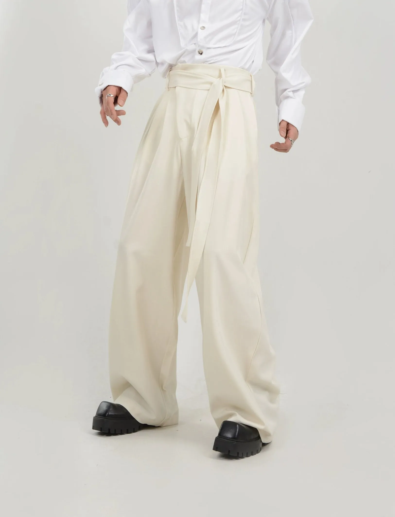 Wide Leg Belted Trousers with Pleat Detail