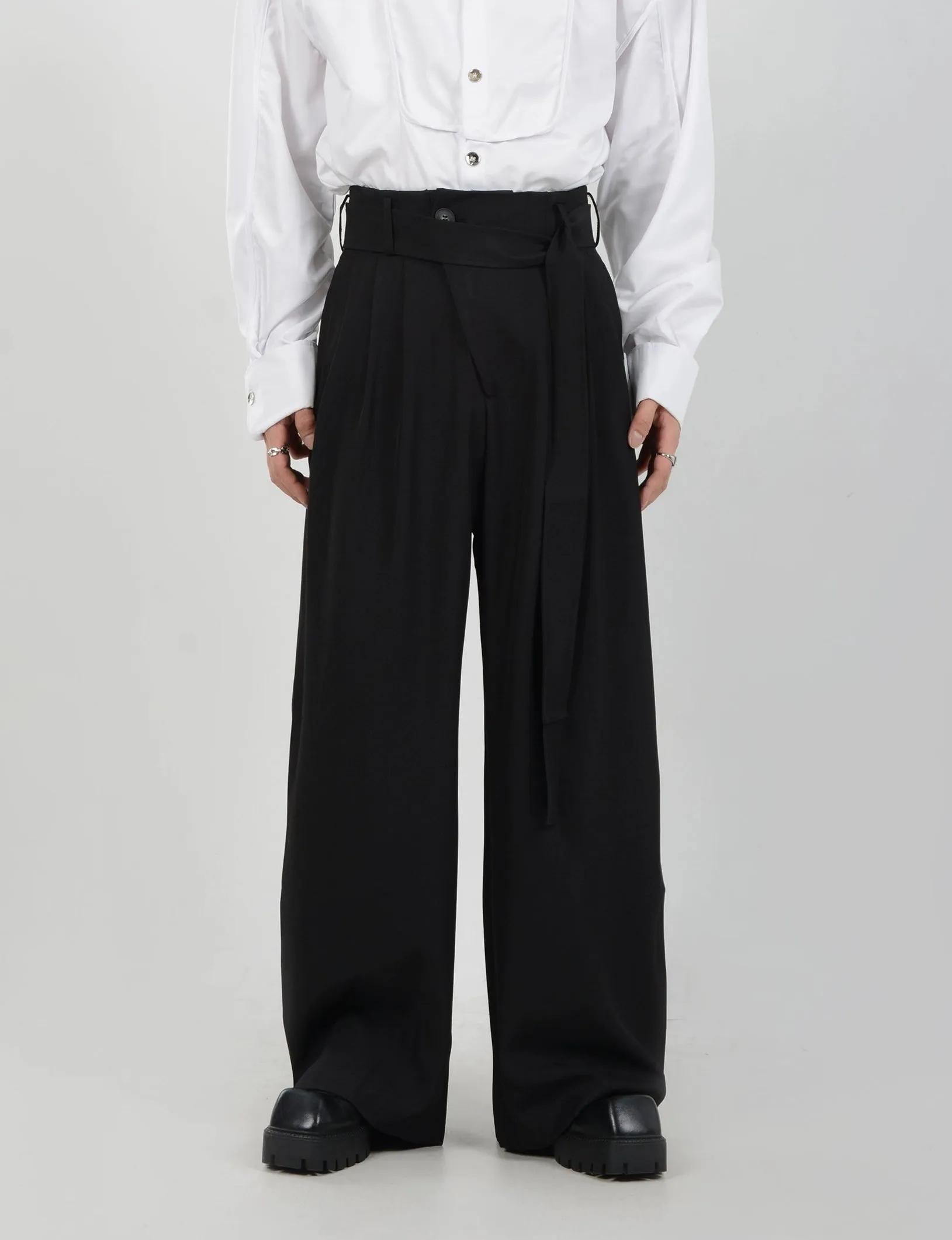 Wide Leg Belted Trousers with Pleat Detail