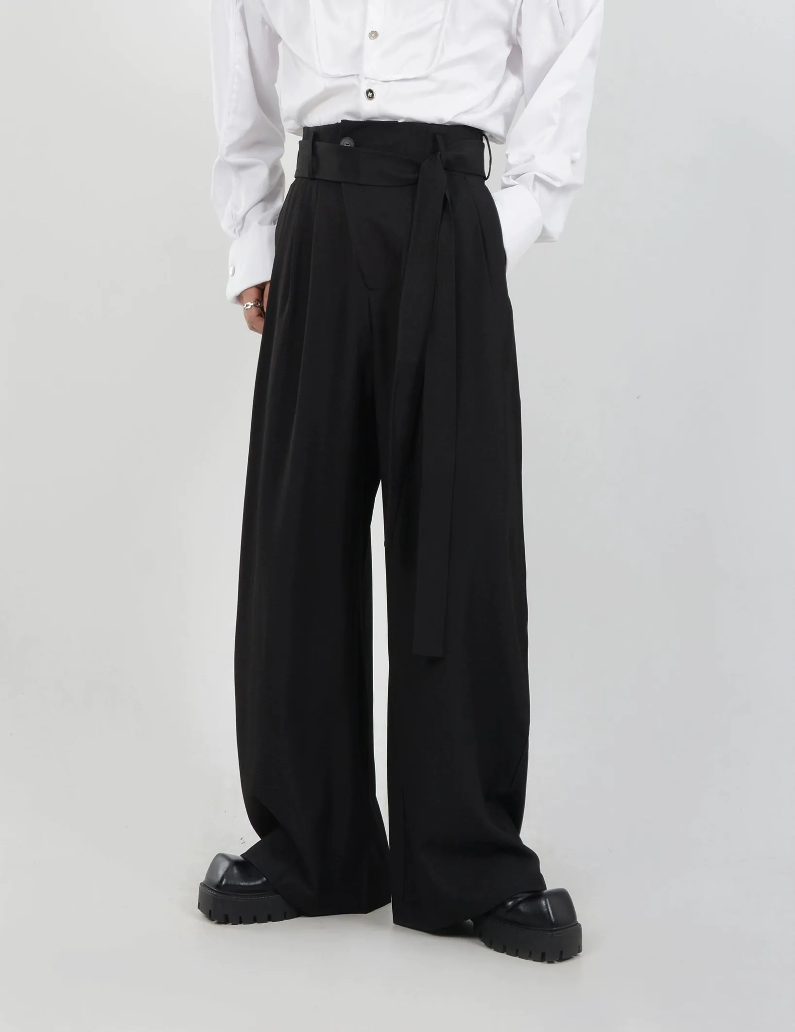 Wide Leg Belted Trousers with Pleat Detail