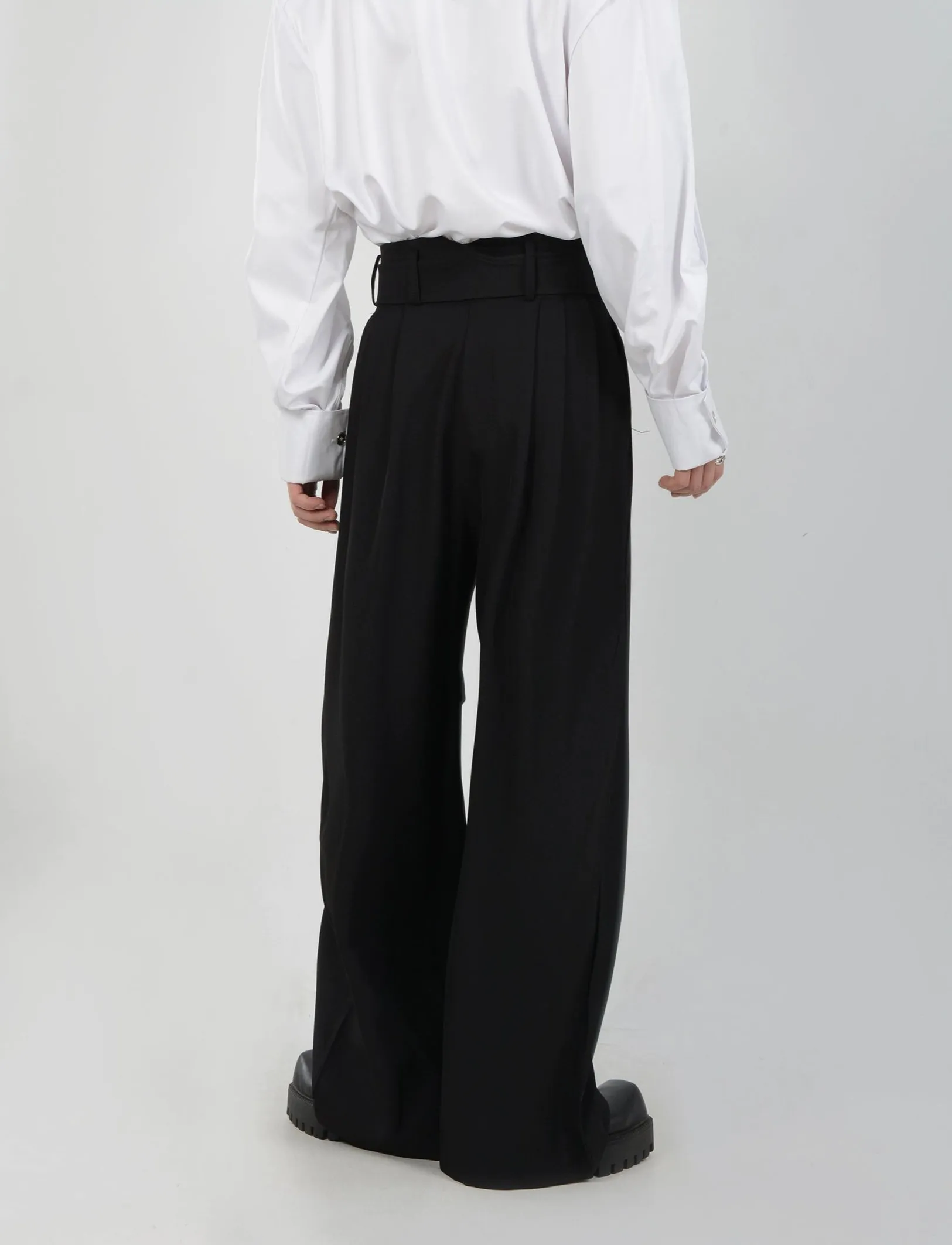 Wide Leg Belted Trousers with Pleat Detail