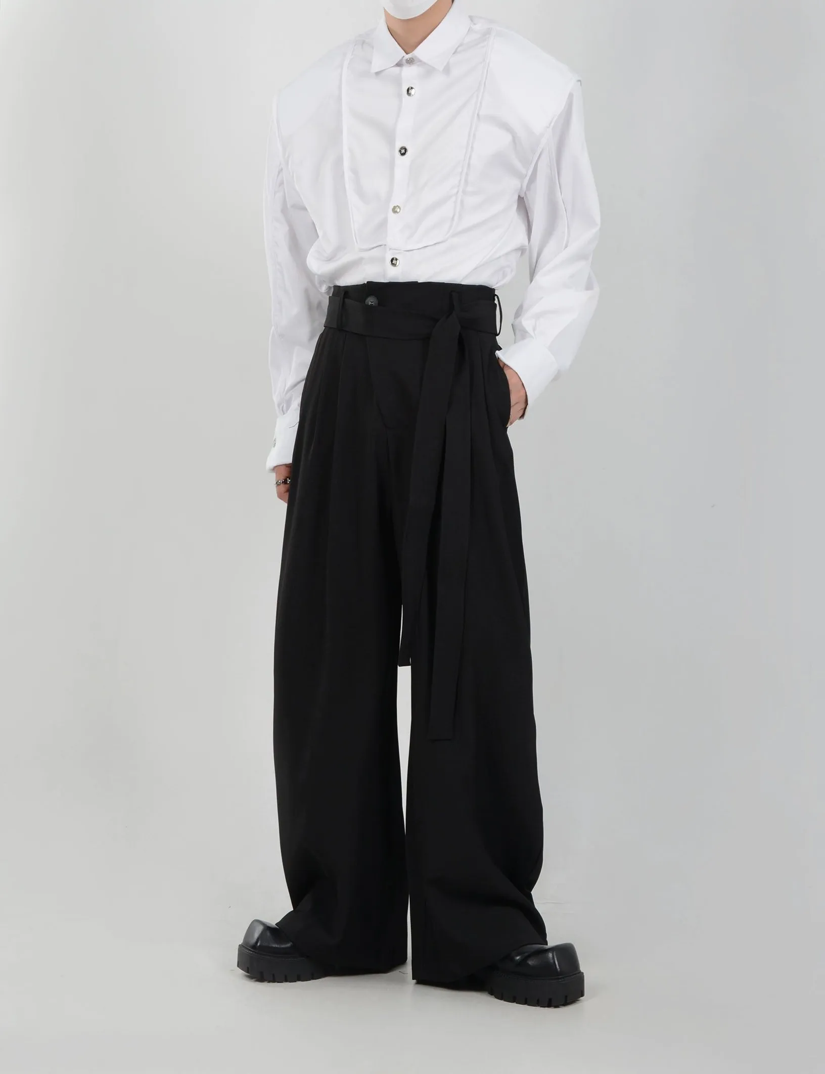 Wide Leg Belted Trousers with Pleat Detail