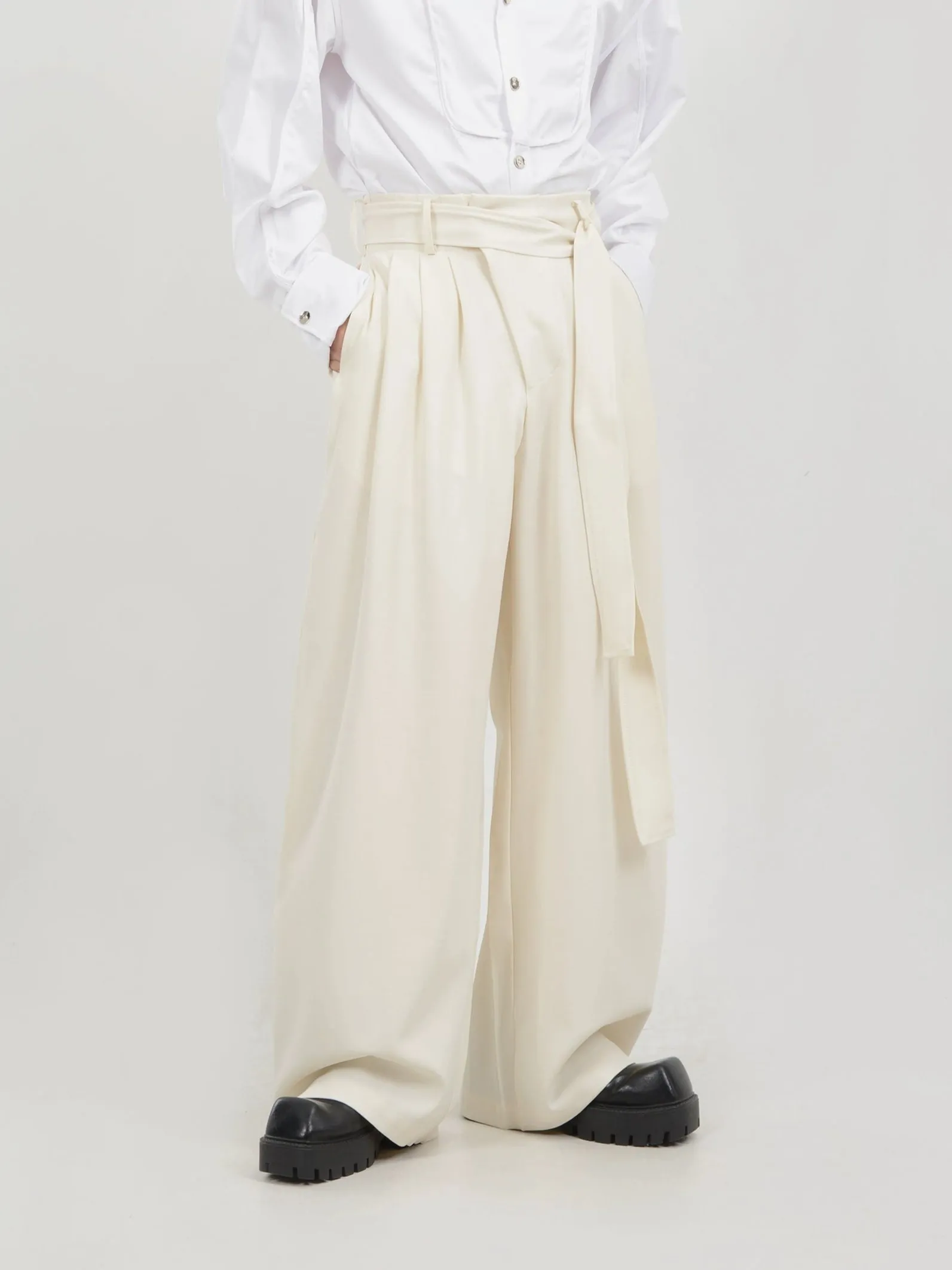 Wide Leg Belted Trousers with Pleat Detail