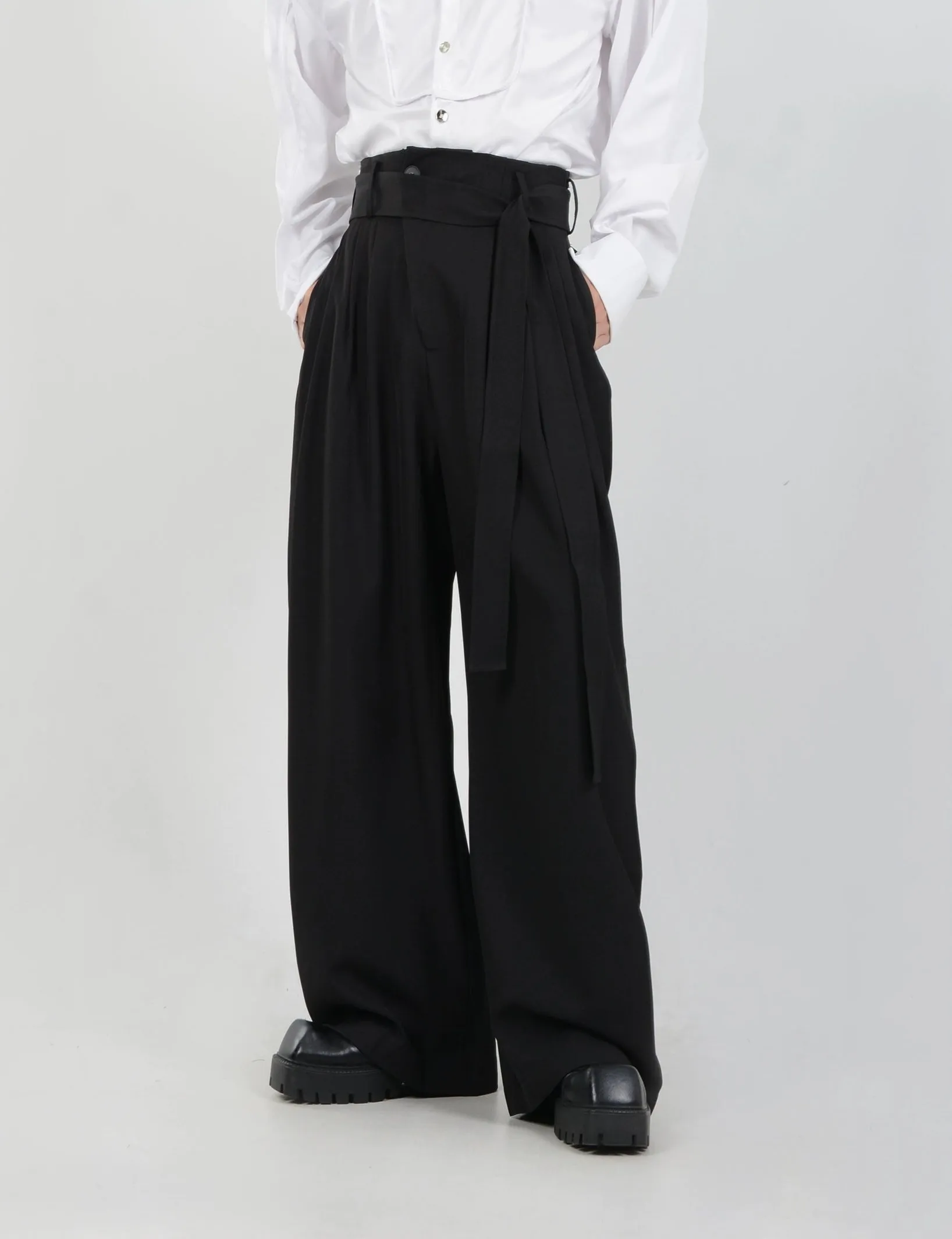 Wide Leg Belted Trousers with Pleat Detail