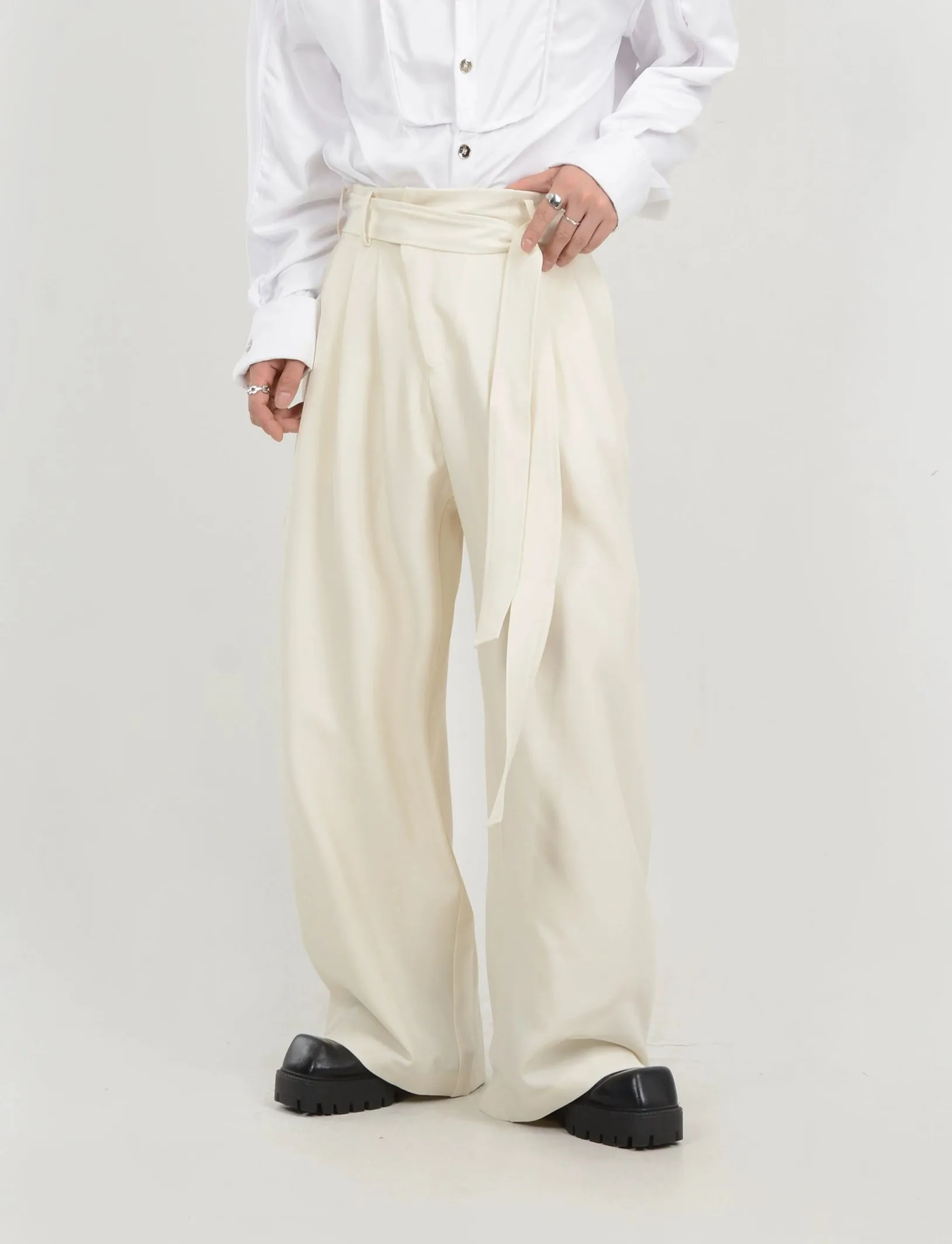 Wide Leg Belted Trousers with Pleat Detail