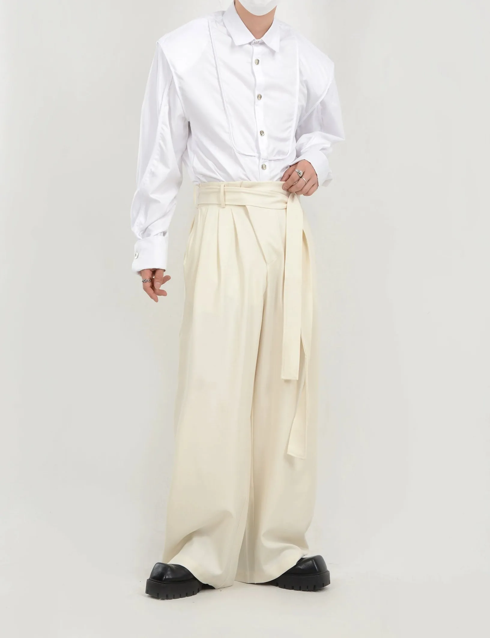 Wide Leg Belted Trousers with Pleat Detail