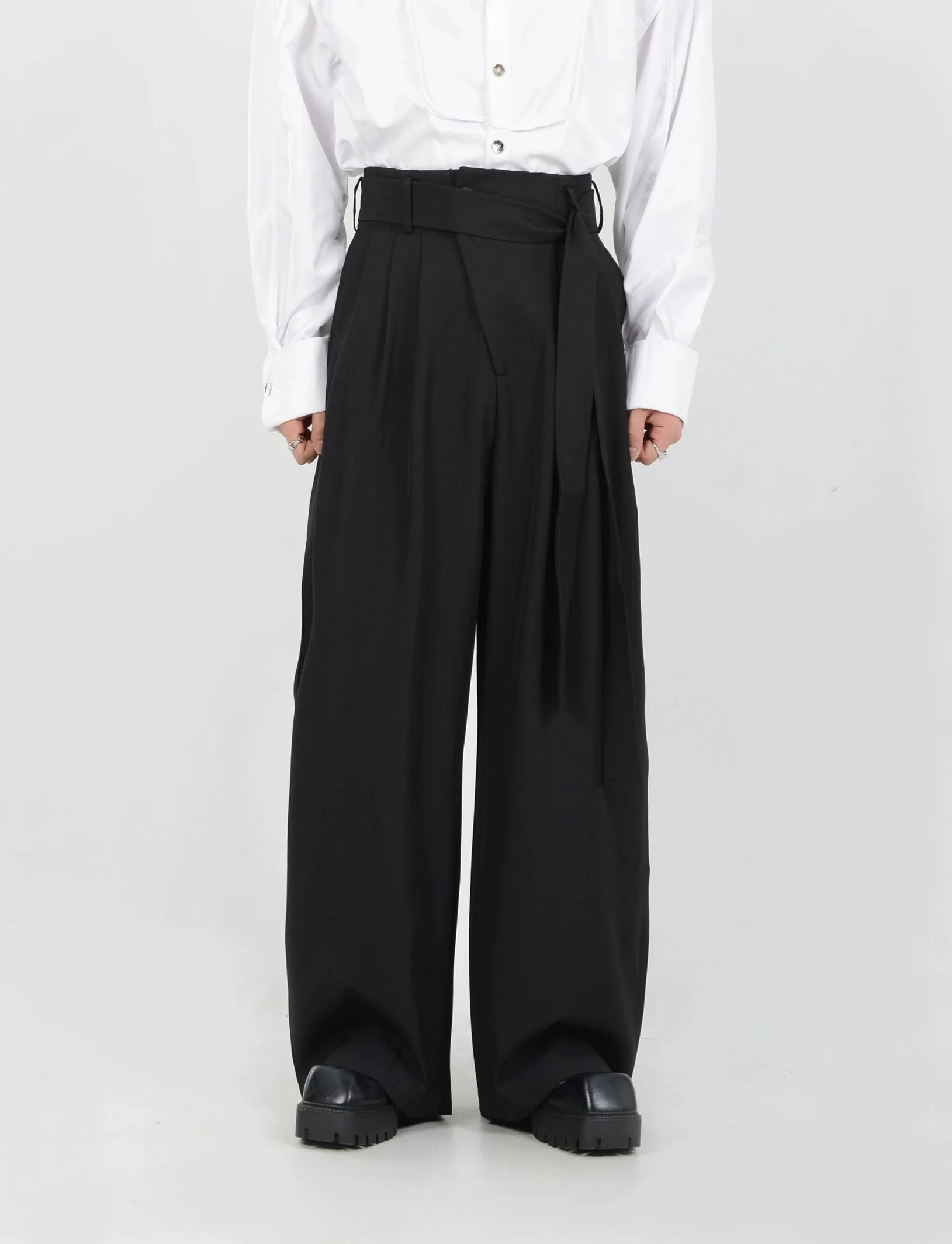 Wide Leg Belted Trousers with Pleat Detail