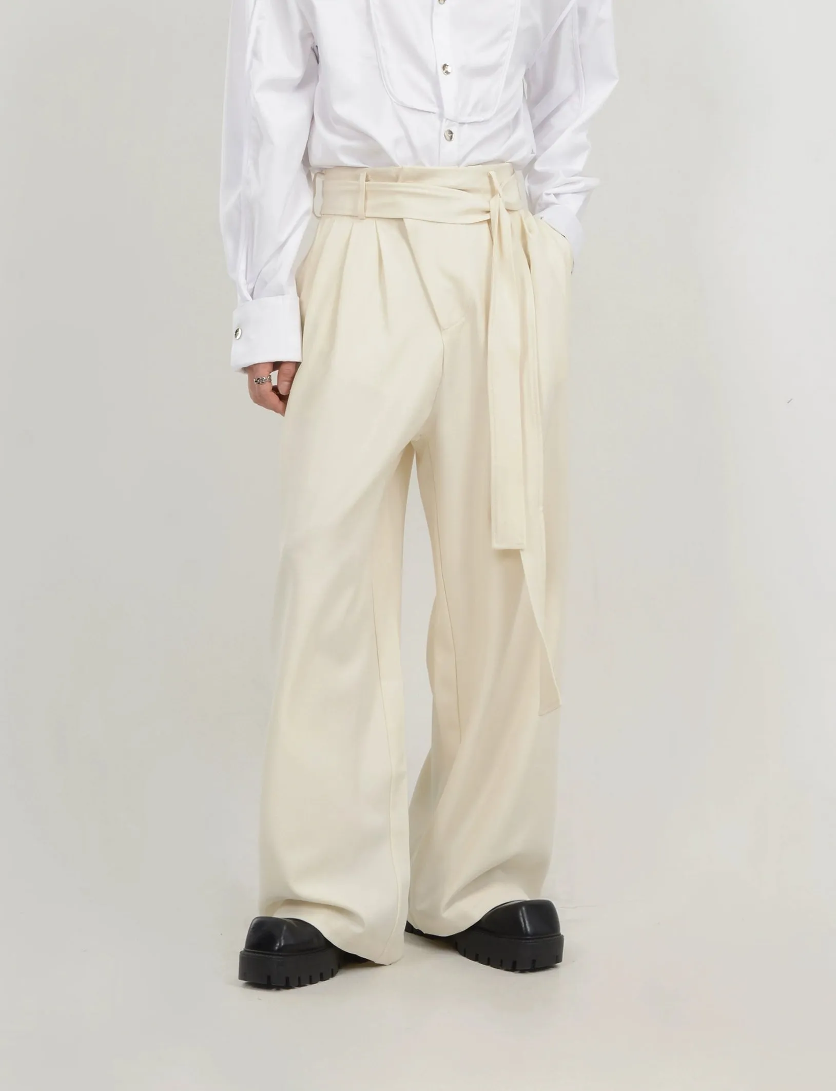 Wide Leg Belted Trousers with Pleat Detail